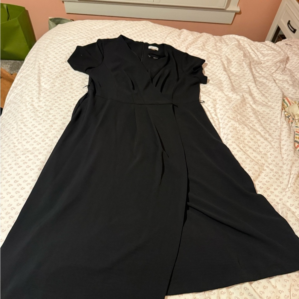 Faux wrap Black Dress with back zip closure and asymmetrical hem